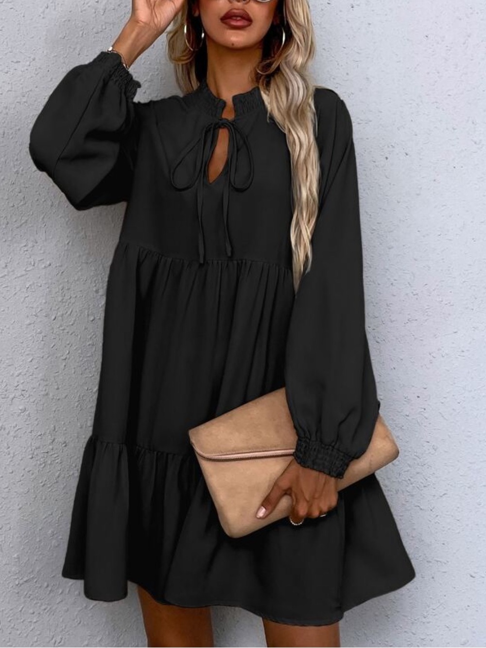 Black Notched Neck Tie Neck Long Sleeve Dress